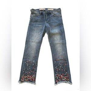 Pilcro Anthropologie Cropped Straight Jeans Size 29 Embellished Beaded Hem Boho